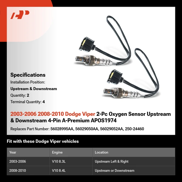 2003-2006 2008-2010 Dodge Viper 2-Pc Oxygen Sensor Upstream & Downstream 4-Pin A-Premium APOS1974