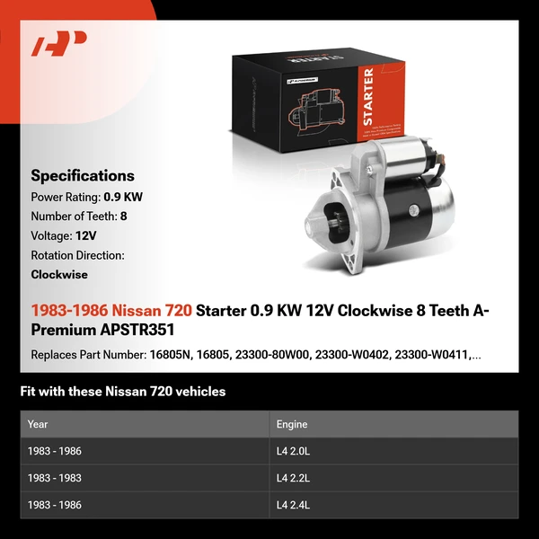 1983-1986 Nissan 720 Starter 0.9 KW 12V Clockwise 8 Teeth A-Premium APSTR351