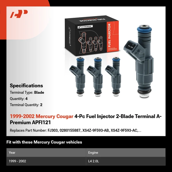 1999-2002 Mercury Cougar 4-Pc Fuel Injector 2-Blade Terminal A-Premium APFI121