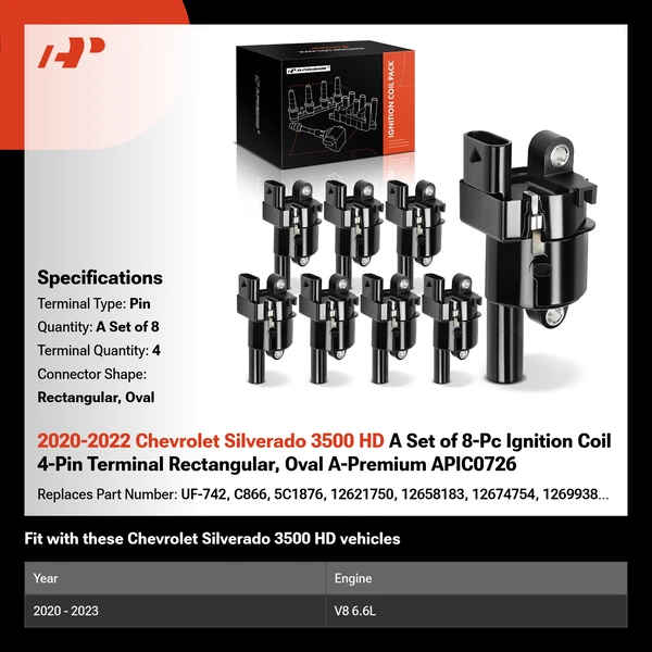 2020-2022 Chevrolet Silverado 3500 HD A Set of 8-Pc Ignition Coil 4-Pin Terminal Rectangular, Oval A-Premium APIC0726