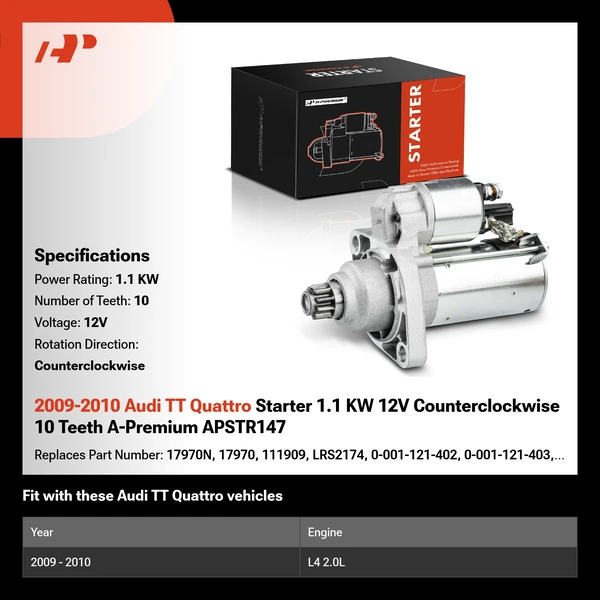 2009-2010 Audi TT Quattro Starter 1.1 KW 12V Counterclockwise 10 Teeth A-Premium APSTR147