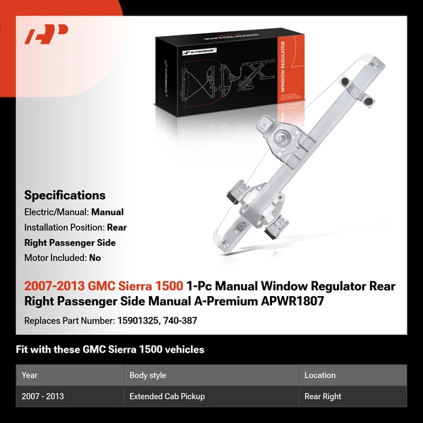 2007-2013 GMC Sierra 1500 1-Pc Manual Window Regulator Rear Right Passenger Side Manual A-Premium APWR1807