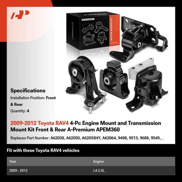 2009-2012 Toyota RAV4 4-Pc Engine Mount and Transmission Mount Kit Front & Rear A-Premium APEM360
