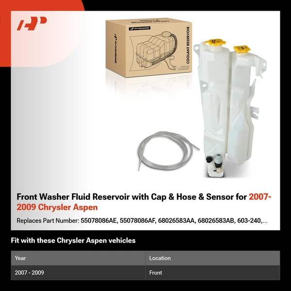 Front Washer Fluid Reservoir with Cap & Hose & Sensor for 2007-2009 Chrysler Aspen