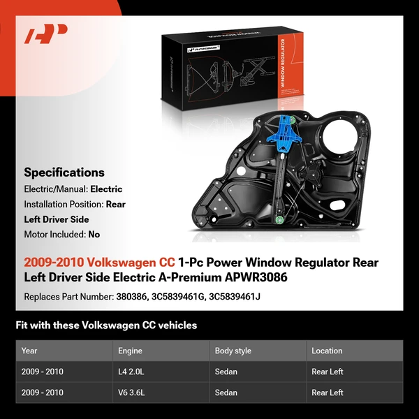 2009-2010 Volkswagen CC 1-Pc Power Window Regulator Rear Left Driver Side Electric A-Premium APWR3086