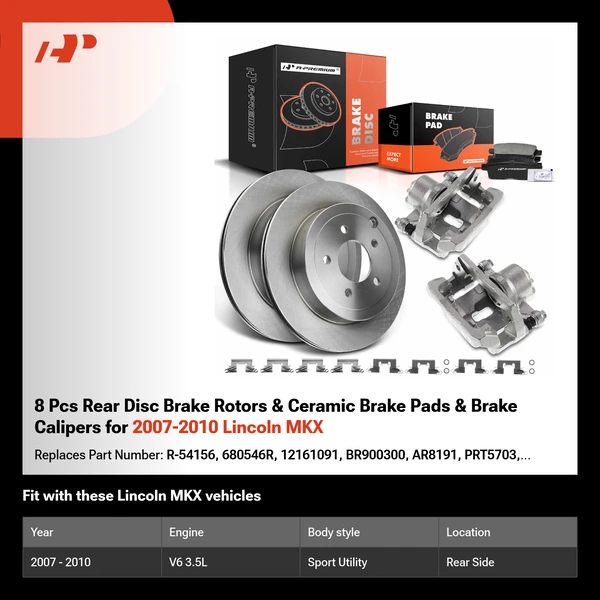 8 Pcs Rear Disc Brake Rotors & Ceramic Brake Pads & Brake Calipers for 2007-2010 Lincoln MKX