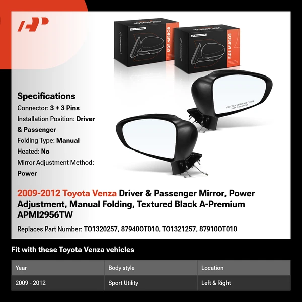 2009-2012 Toyota Venza Driver & Passenger Mirror, Power Adjustment, Manual Folding, Textured Black A-Premium APMI2956TW