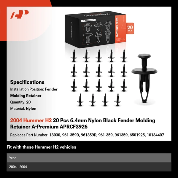 2004 Hummer H2 20 Pcs 6.4mm Nylon Black Fender Molding Retainer A-Premium APRCF3926