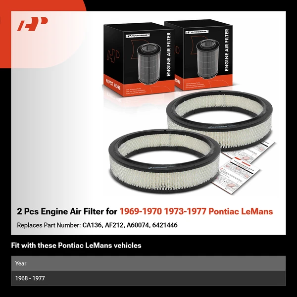 2 Pcs Engine Air Filter for 1969-1970 1973-1977 Pontiac LeMans