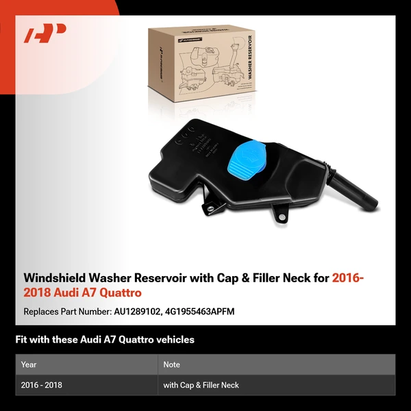 Windshield Washer Reservoir with Cap & Filler Neck for 2016-2018 Audi A7 Quattro