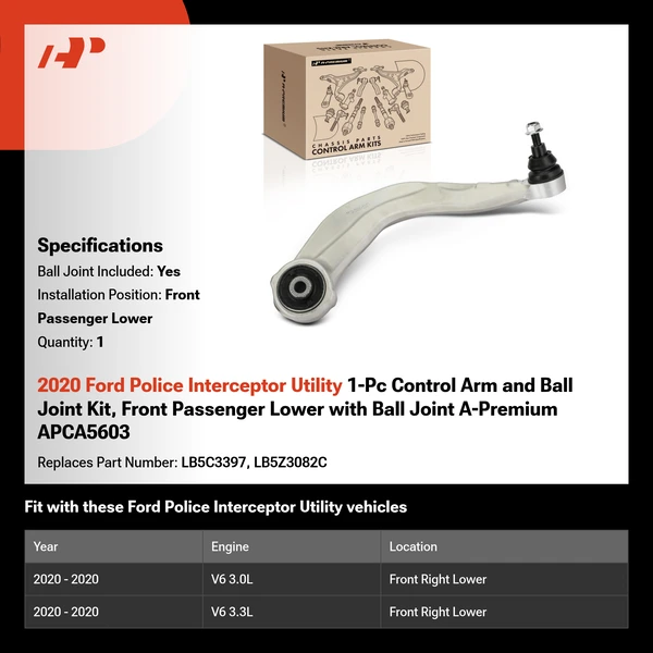 2020 Ford Police Interceptor Utility 1-Pc Control Arm and Ball Joint Kit, Front Passenger Lower with Ball Joint A-Premium APCA5603