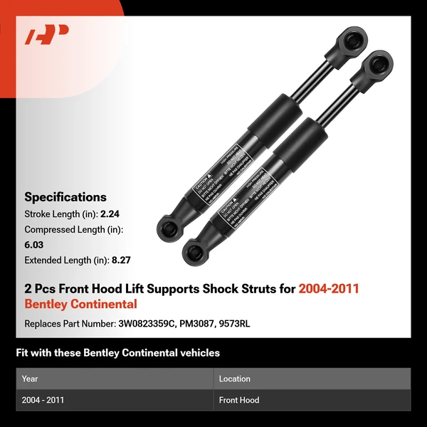 2 Pcs Front Hood Lift Supports Shock Struts for 2004-2011 Bentley Continental