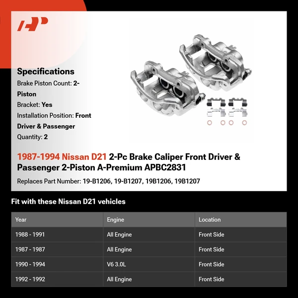 1987-1994 Nissan D21 2-Pc Brake Caliper Front Driver & Passenger 2-Piston A-Premium APBC2831