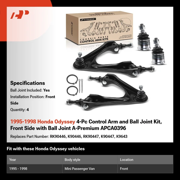 1995-1998 Honda Odyssey 4-Pc Control Arm and Ball Joint Kit, Front Side with Ball Joint A-Premium APCA0396