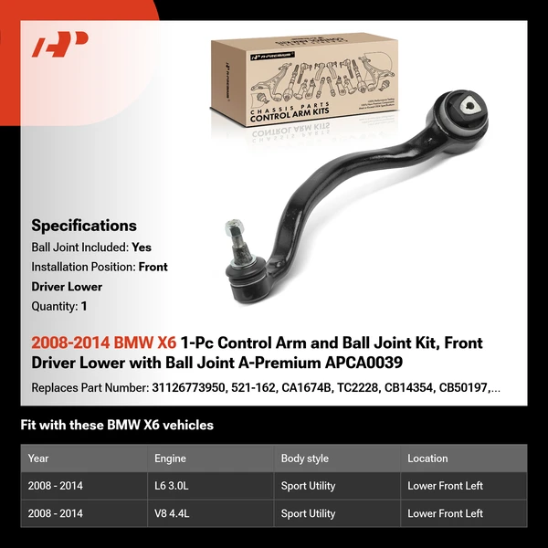 2008-2014 BMW X6 1-Pc Control Arm and Ball Joint Kit, Front Driver Lower with Ball Joint A-Premium APCA0039