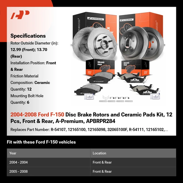 2004-2008 Ford F-150 Disc Brake Rotors and Ceramic Pads Kit, 12 Pcs, Front & Rear, A-Premium, APBRPR284