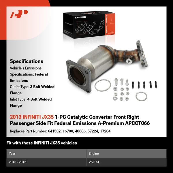 2013 INFINITI JX35 1-PC Catalytic Converter Front Right Passenger Side Fit Federal Emissions A-Premium APCCT066