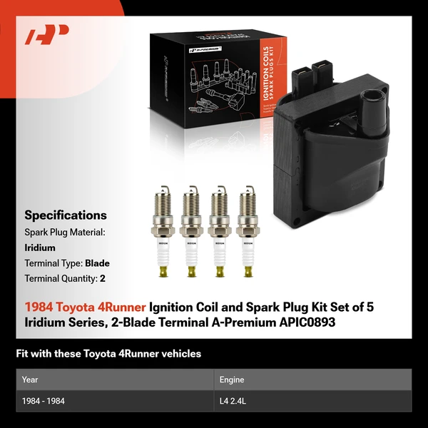 1984 Toyota 4Runner Ignition Coil and Spark Plug Kit Set of 5 Iridium Series, 2-Blade Terminal A-Premium APIC0893