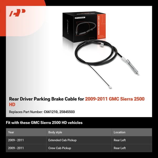 Rear Driver Parking Brake Cable for 2009-2011 GMC Sierra 2500 HD