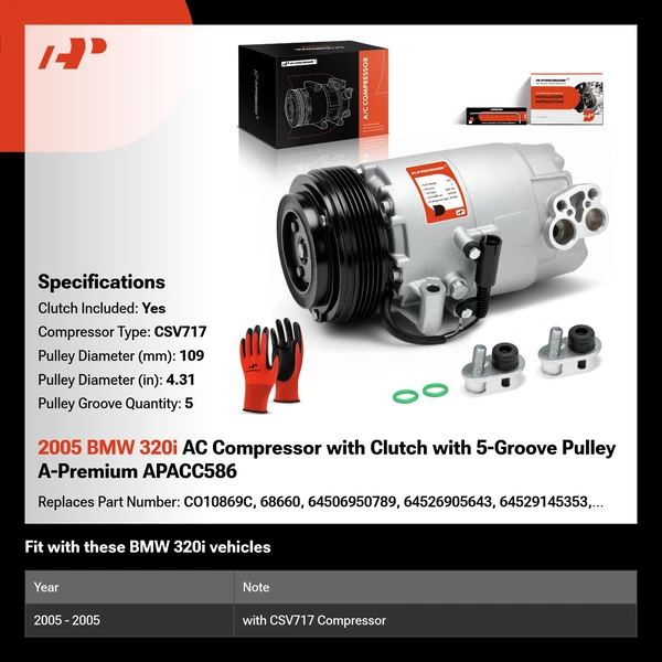 2005 BMW 320i AC Compressor with Clutch with 5-Groove Pulley A-Premium APACC586