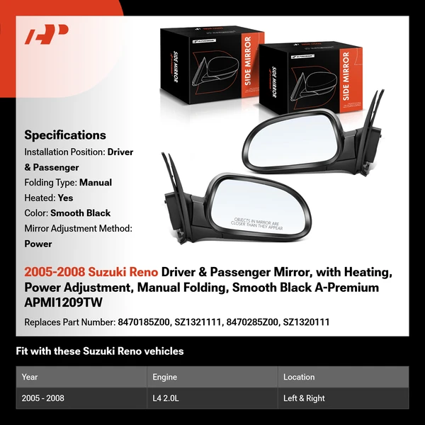 2005-2008 Suzuki Reno Driver & Passenger Mirror, with Heating, Power Adjustment, Manual Folding, Smooth Black A-Premium APMI1209TW