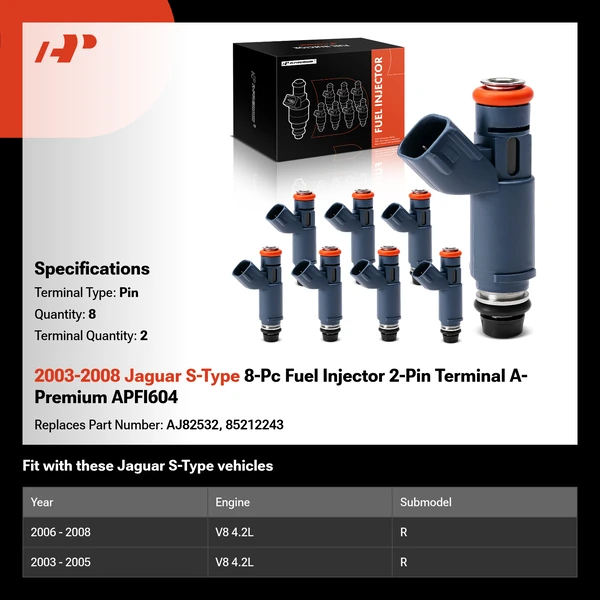 2003-2008 Jaguar S-Type 8-Pc Fuel Injector 2-Pin Terminal A-Premium APFI604