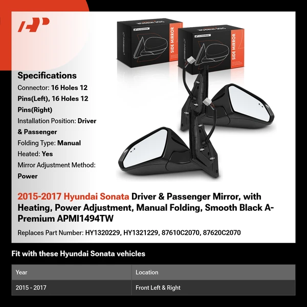 2015-2017 Hyundai Sonata Driver & Passenger Mirror, with Heating, Power Adjustment, Manual Folding, Smooth Black A-Premium APMI1494TW