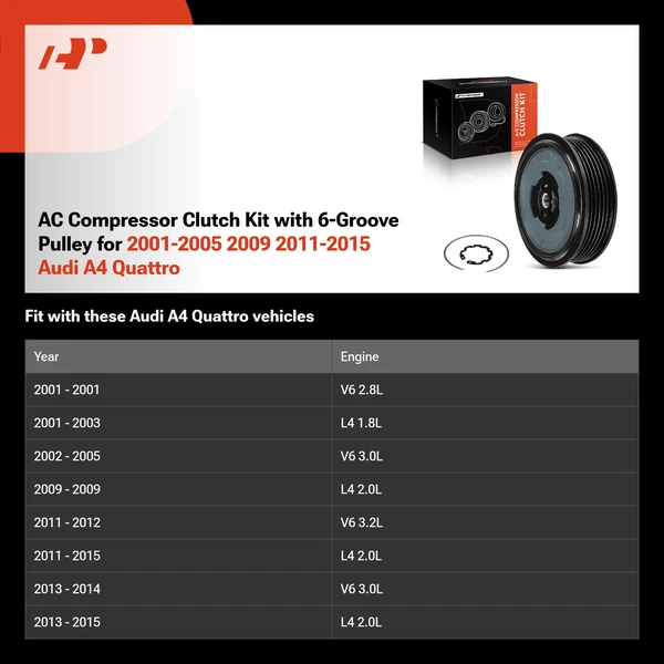 AC Compressor Clutch Kit with 6-Groove Pulley for 2001-2005 2009 2011-2015 Audi A4 Quattro