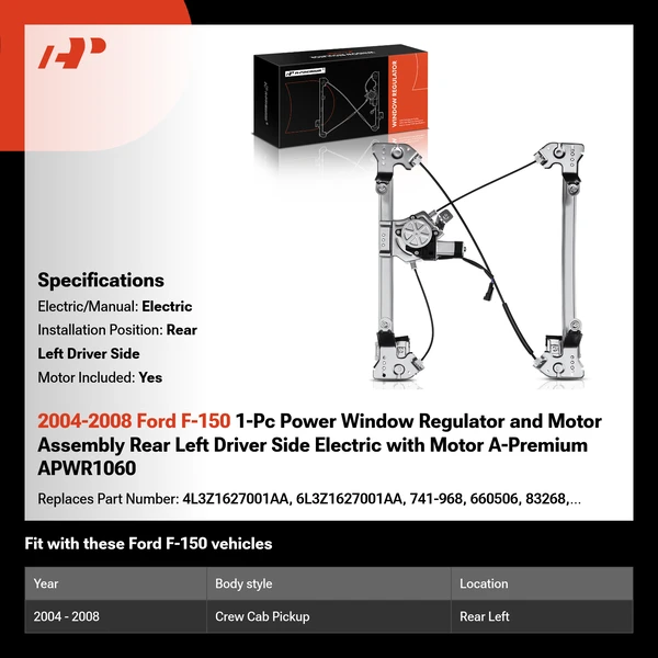 2004-2008 Ford F-150 1-Pc Power Window Regulator and Motor Assembly Rear Left Driver Side Electric with Motor A-Premium APWR1060