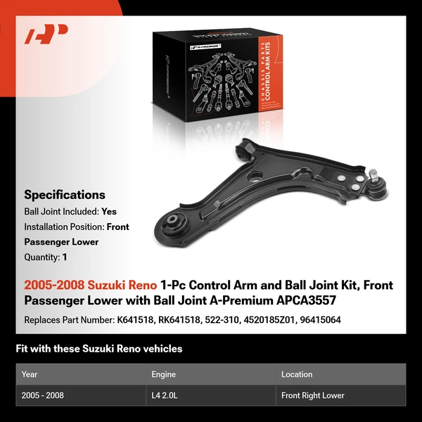 2005-2008 Suzuki Reno 1-Pc Control Arm and Ball Joint Kit, Front Passenger Lower with Ball Joint A-Premium APCA3557