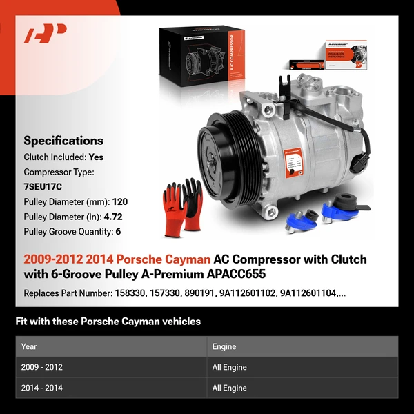 2009-2012 2014 Porsche Cayman AC Compressor with Clutch with 6-Groove Pulley A-Premium APACC655