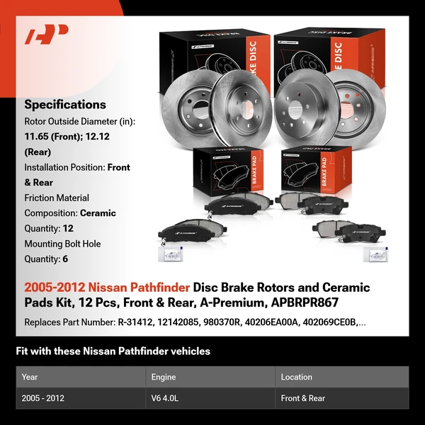 2005-2012 Nissan Pathfinder Disc Brake Rotors and Ceramic Pads Kit, 12 Pcs, Front & Rear, A-Premium, APBRPR867