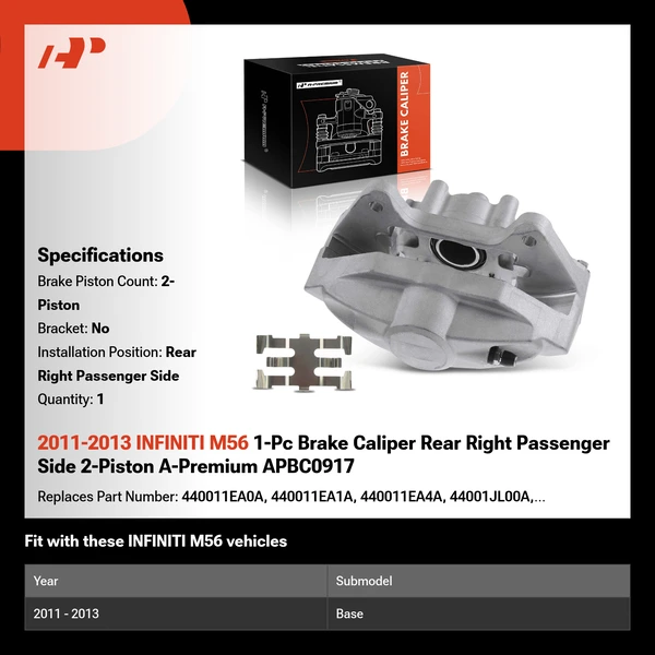 2011-2013 INFINITI M56 1-Pc Brake Caliper Rear Right Passenger Side 2-Piston A-Premium APBC0917