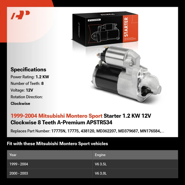 1999-2004 Mitsubishi Montero Sport Starter 1.2 KW 12V Clockwise 8 Teeth A-Premium APSTR534
