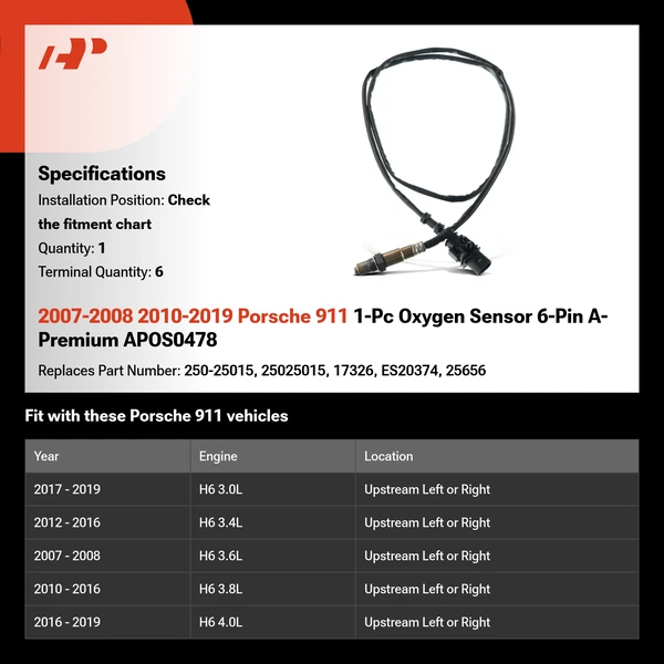 2007-2008 2010-2019 Porsche 911 1-Pc Oxygen Sensor 6-Pin A-Premium APOS0478