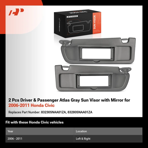 2 Pcs Driver & Passenger Atlas Gray Sun Visor with Mirror for 2006-2011 Honda Civic
