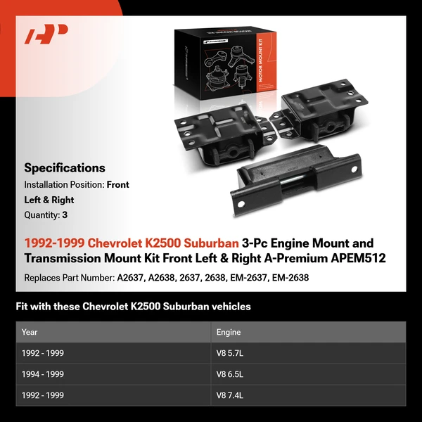 1992-1999 Chevrolet K2500 Suburban 3-Pc Engine Mount and Transmission Mount Kit Front Left & Right A-Premium APEM512