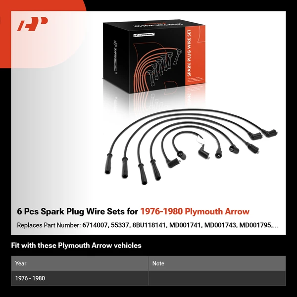 6 Pcs Spark Plug Wire Sets for 1976-1980 Plymouth Arrow