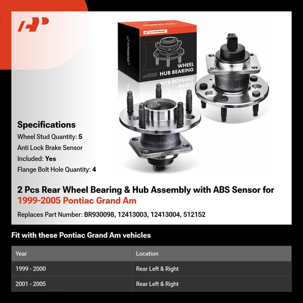2 Pcs Rear Wheel Bearing & Hub Assembly with ABS Sensor for 1999-2005 Pontiac Grand Am