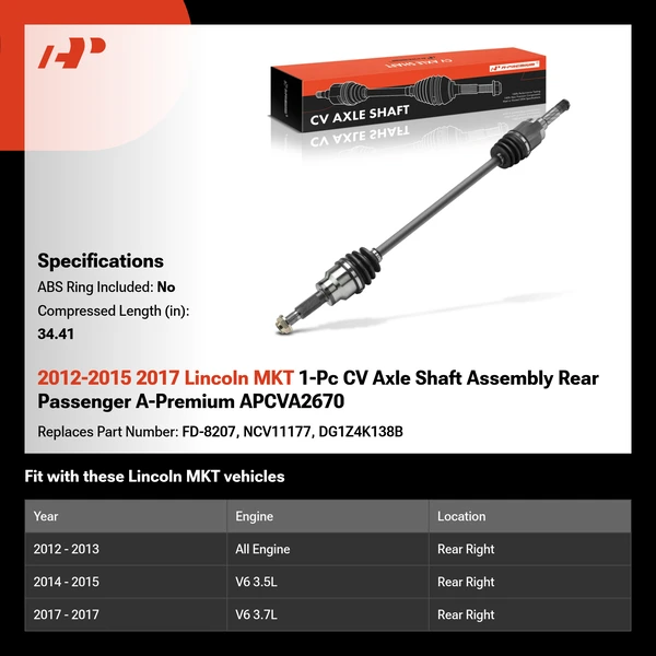 2012-2015 2017 Lincoln MKT 1-Pc CV Axle Shaft Assembly Rear Passenger A-Premium APCVA2670