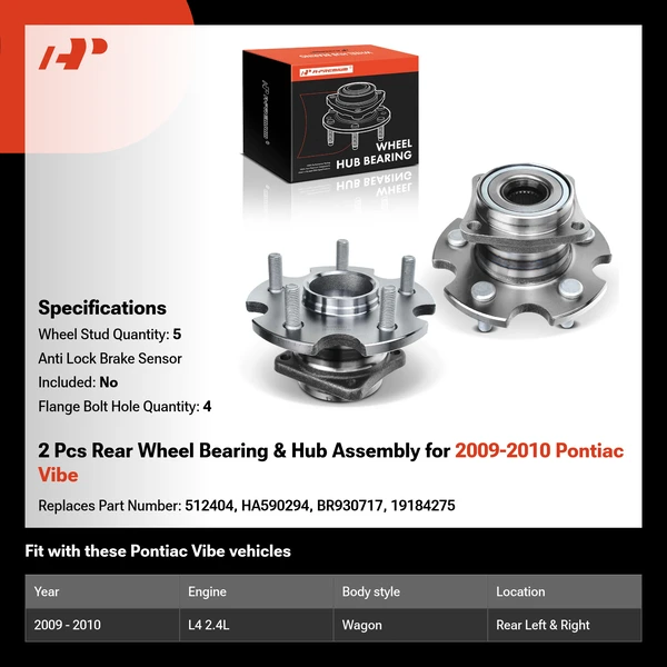 2 Pcs Rear Wheel Bearing & Hub Assembly for 2009-2010 Pontiac Vibe