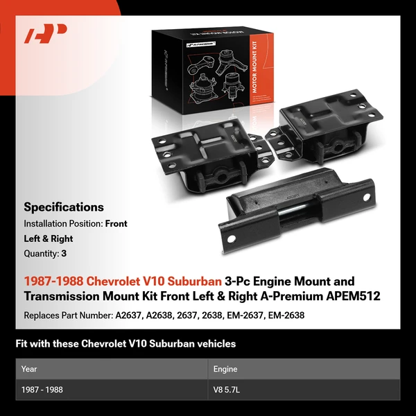 1987-1988 Chevrolet V10 Suburban 3-Pc Engine Mount and Transmission Mount Kit Front Left & Front Right A-Premium APEM512