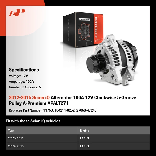 2012-2015 Scion iQ Alternator 100A 12V Clockwise 5-Groove Pulley A-Premium APALT271