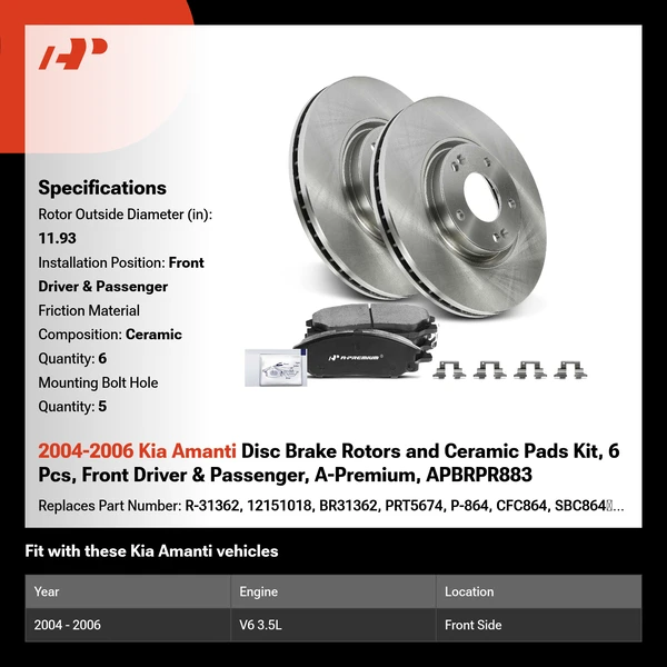 2004-2006 Kia Amanti Disc Brake Rotors and Ceramic Pads Kit, 6 Pcs, Front Driver & Passenger, A-Premium, APBRPR883