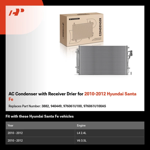 AC Condenser with Receiver Drier for 2010-2012 Hyundai Santa Fe