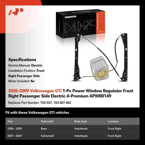 2006-2009 Volkswagen GTI 1-Pc Power Window Regulator Front Right Passenger Side Electric A-Premium APWR0149