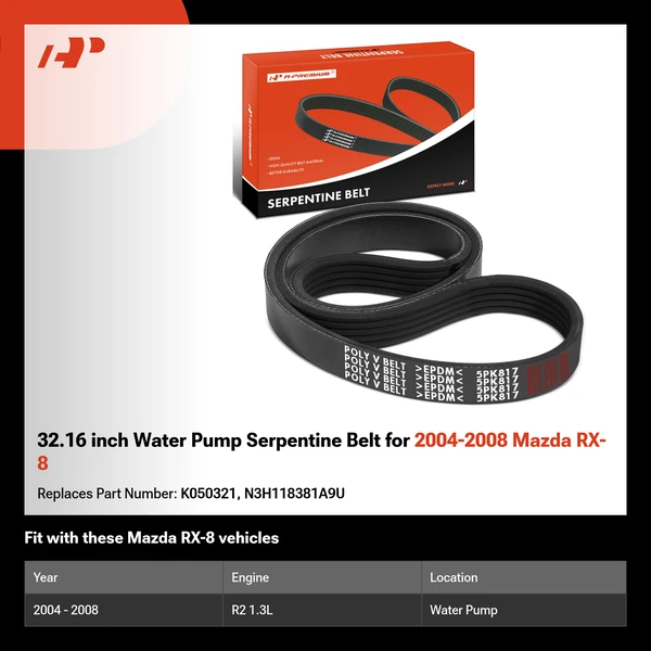32.16 inch Water Pump Serpentine Belt for 2004-2008 Mazda RX-8