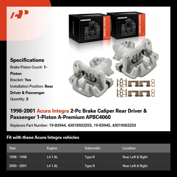 1998-2001 Acura Integra 2-Pc Brake Caliper Rear Driver & Passenger 1-Piston A-Premium APBC4060