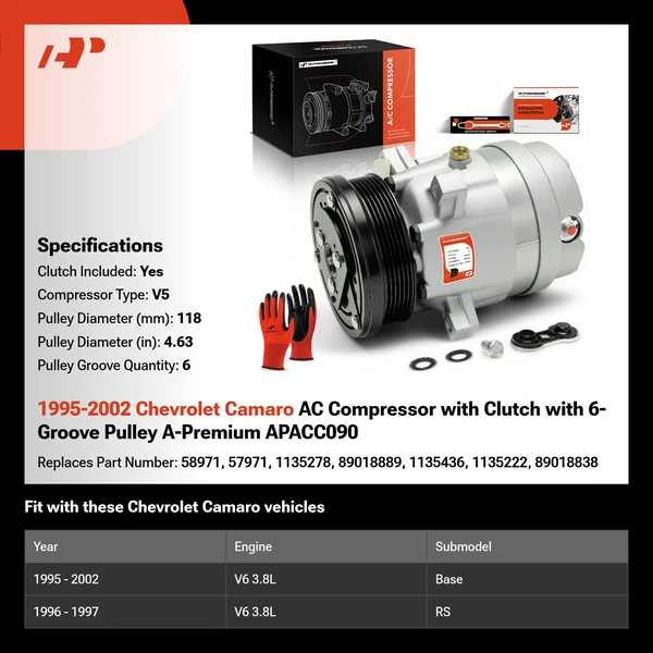 1995-2002 Chevrolet Camaro AC Compressor with Clutch with 6-Groove Pulley A-Premium APACC090