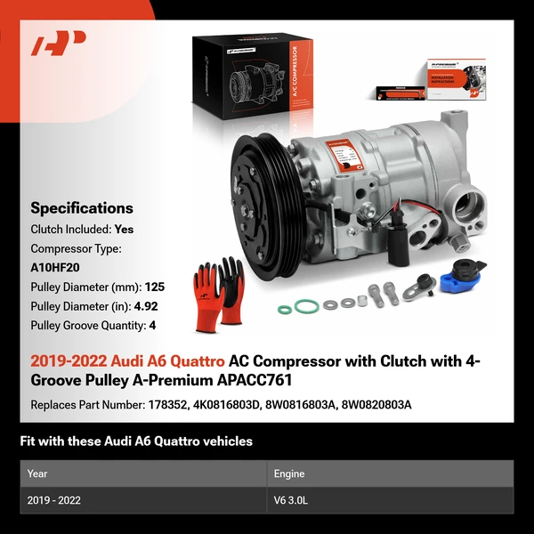 2019-2022 Audi A6 Quattro AC Compressor with Clutch with 4-Groove Pulley A-Premium APACC761